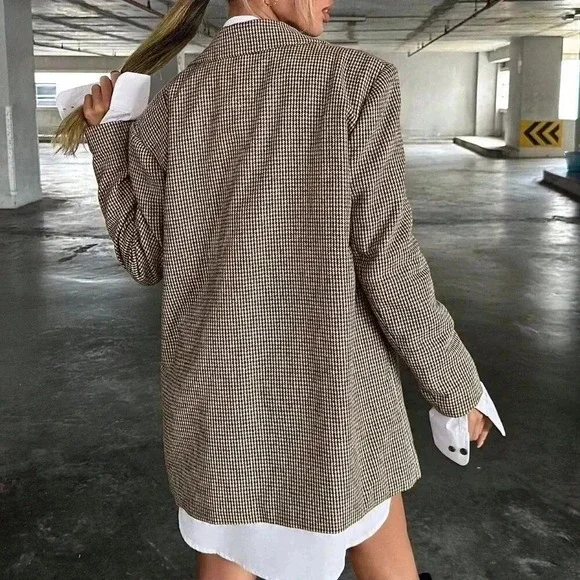 Brown Elegant Women's Lapel Collar Houndstooth Suit Jacket - Picture 3 of 5